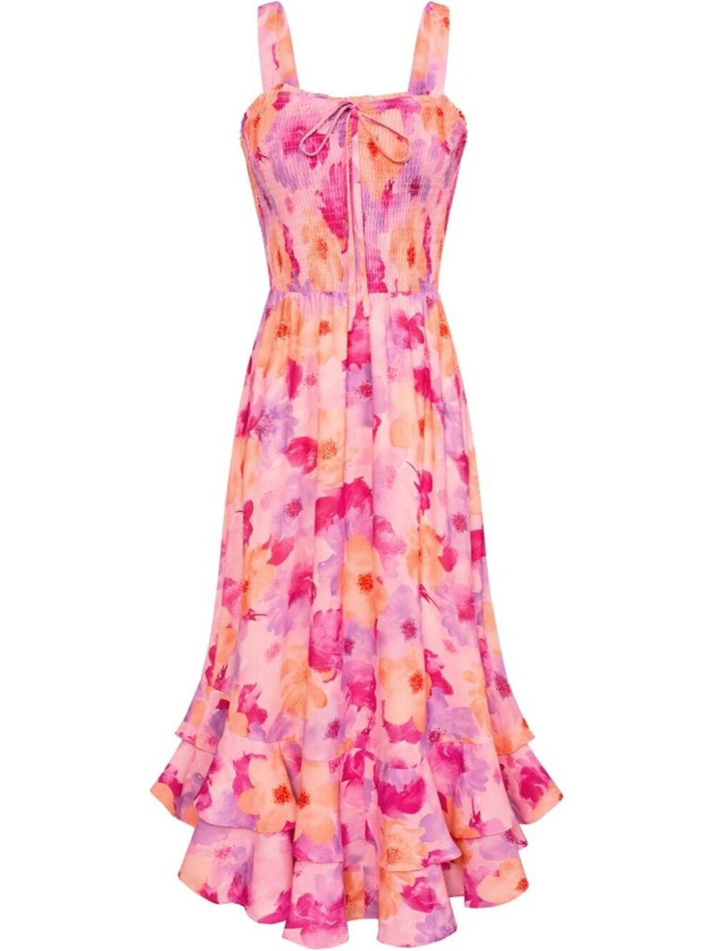 Women's Pink Yellow Square Neck Strapped A LINE Floral Boho Long Maxi Dress